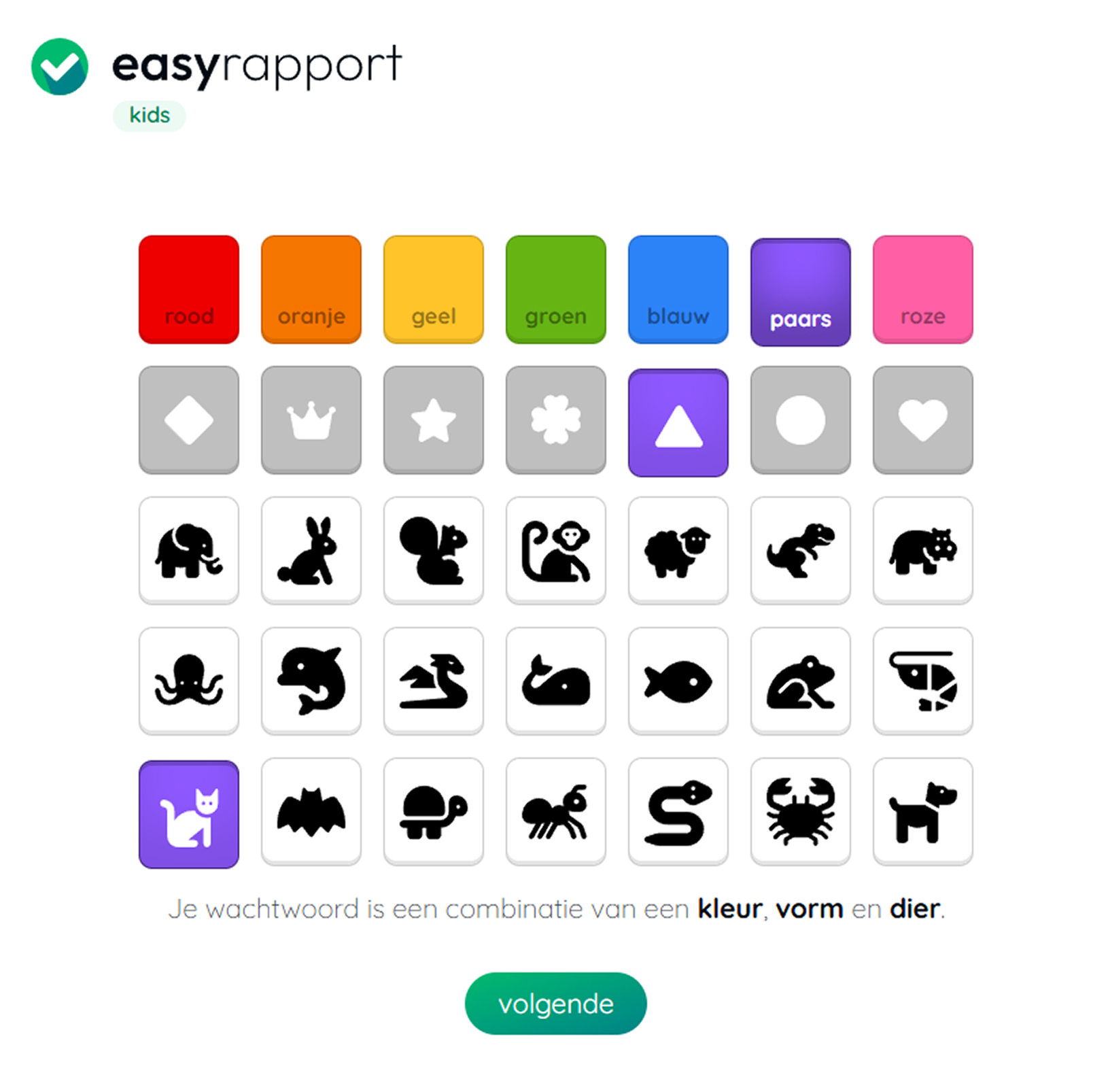 Kindvriendelijk inlogscherm van Easykids met een visueel wachtwoord: combinatie van kleur, vorm en dier